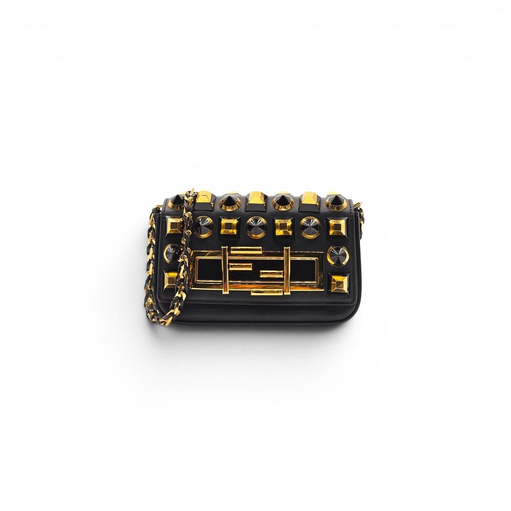 Fendi Studded Baguette Mini Crossbody Bag Black Gold - Preowned
